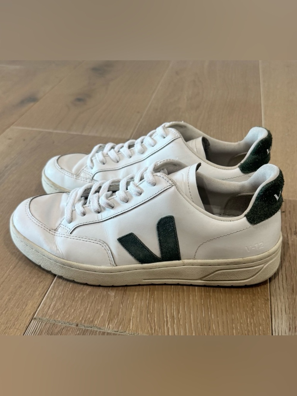 Veja White Leather Sneakers with Dark Green V Suede Accents